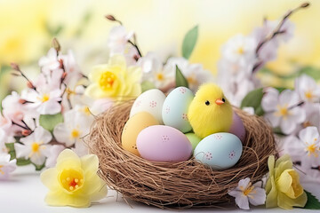 Easter eggs in a nest with flowers, depicts colorful eggs nestled in a bird's nest, surrounded by vibrant flowers. Perfect for Easter-themed designs, spring holiday promotions, and seasonal greeting