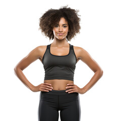 portrait of an Afro-American female fitness trainer posing on transparent background - obrazy, fototapety, plakaty