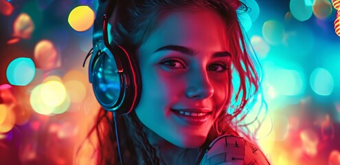 Beautiful young girl listening to music in headphones. Bright colors - obrazy, fototapety, plakaty