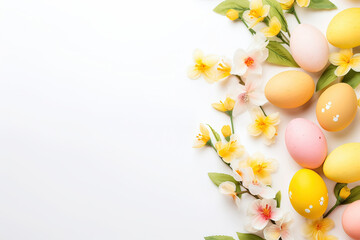 easter background with colorful eggs and flowers on white background.happy Easter, spring, farm,  holiday,festive scene , greeting cards, posters, .Easter holiday card concept.copy space