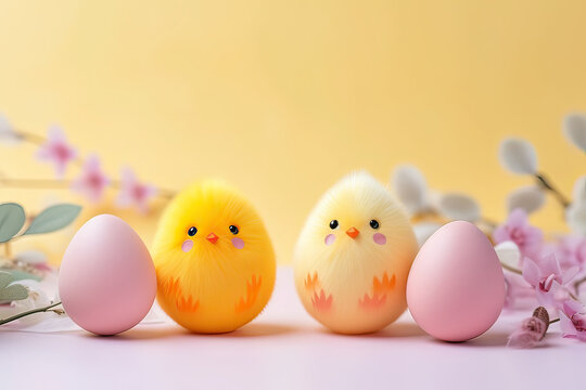 Three little chicks sit in a nest with eggs and branches. Suitable for spring or Easter-themed designs, children's books, farm-related graphics, and nature illustrations.Easter holiday card concept
