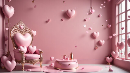 A pink room with a heart shaped sofa