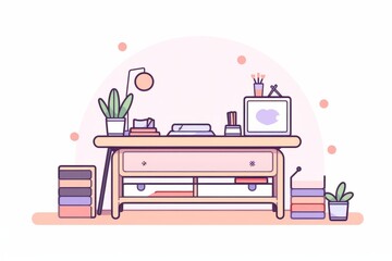 A cute workplace desk with a white background, minimalistic flat style, pastel color scheme, two tone linear icon illustration