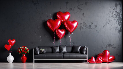 A living room with a black couch, glower vase and red heart balloons