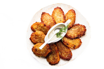potato pancakes with meat in plate Isolated on White Background