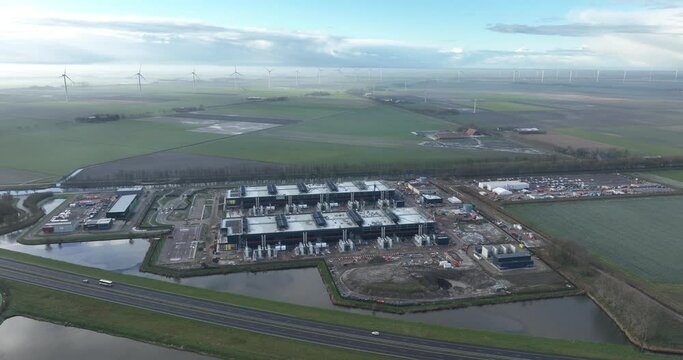 Datacenter building, construction in Midden Meer. The Netherlands aerial drone view. Cloud infrastructure