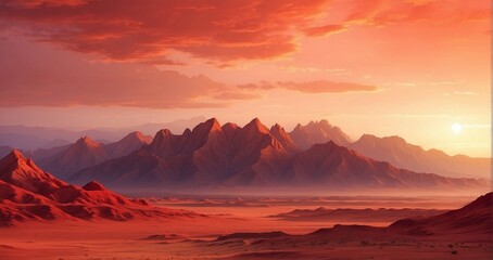 A desert scene where the red sun is setting, casting its warm glow on the mountains in the desert, painted in shades of red -Generative Ai - obrazy, fototapety, plakaty