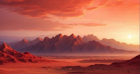 Poster A desert scene where the red sun is setting, casting its warm glow on the mountains in the desert, painted in shades of red -Generative Ai © Online Jack Oliver