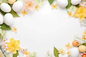 Naklejka na ściany i meble easter background with colorful eggs and flowers on white background.happy Easter, spring, farm, holiday,festive scene , greeting cards, posters, .Easter holiday card concept.copy space