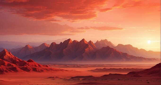 A desert scene where the red sun is setting, casting its warm glow on the mountains in the desert, painted in shades of red -Generative Ai © Zia Ur