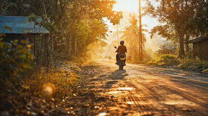A photograph of a young men riding motorcycles on a village road. They are wearing helmets, with beautiful lighting, clear skies, and a slightly blurred background