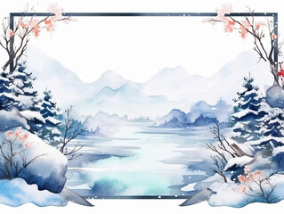 冬の雪降る日本庭園と山の風景イラスト　Generative AI