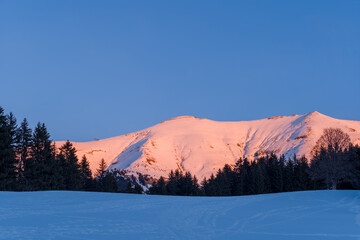 Mont Joly at sunset in Europe, France, Rhone Alpes, Savoie, Alps, winter.
