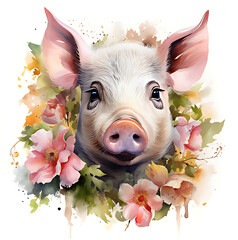 pig with flowers watercolor illustration