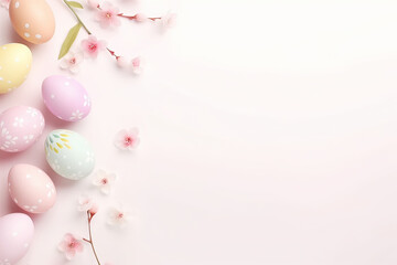 Fototapeta na wymiar easter background with colorful eggs and flowers on white background.happy Easter, spring, farm, holiday,festive scene , greeting cards, posters, .Easter holiday card concept.copy space