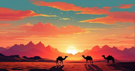  Enveloped in the desert, where the red sun is setting, and the mountains in the desert are shining , with the silhouettes of camels roaming the desert-Generative Ai