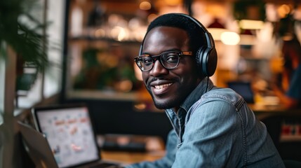 Obraz premium African man in headphones working on laptop and smiling