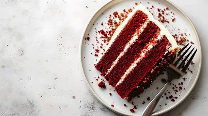 Foto op Plexiglas Top view of slice of red velvet cake with copy space on white background. © john