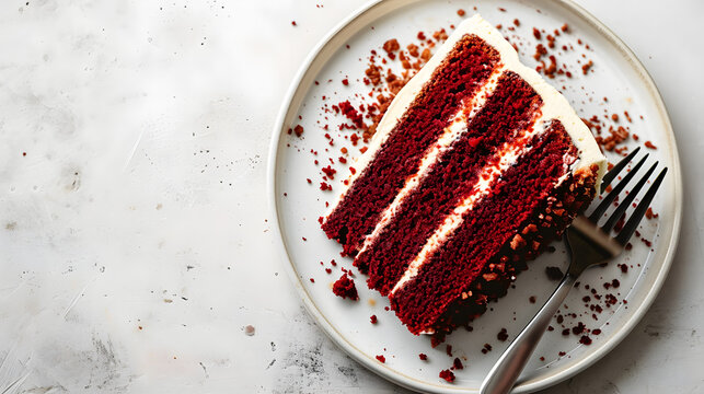Top view of slice of red velvet cake with copy space on white background.