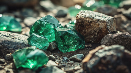Emerald crystals among rocky terrain. - obrazy, fototapety, plakaty