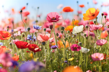 Spring meadow with multi-colored forest flowers. Vibrant colours, blooming flowers.