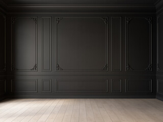Classic black empty interior with blank walls with moldings, stucco and wood floor. 3d render illustration mockup.