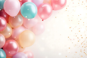 birthday party balloons, colourful balloons background and birthday cake with candles