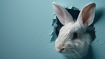 white rabbit on a blue background, a white easter bunny peeking out of a hole on light blue wall background