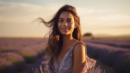 Foto op Canvas A beautiful young woman in a dress around happily in a field of lavender, France. © ND STOCK