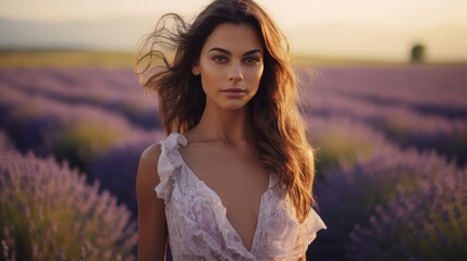 A beautiful young woman in a dress around happily in a field of lavender, France.