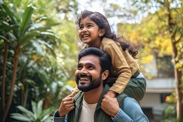 Weekend Bonding: Happy Indian Parents Playing with Daughter on Father's Shoulders generative ai