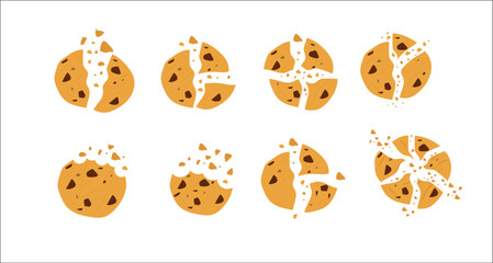 Set de ilustraciones de galleta mordida con chispas de chocolate. Bocados de galletas dulces. Pasteler√≠a casera - obrazy, fototapety, plakaty
