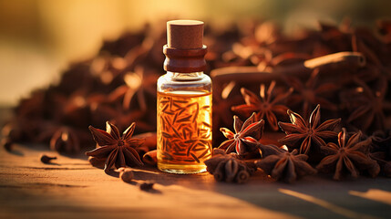 Star anise essential oil in bottle on wooden background. Generative AI - obrazy, fototapety, plakaty