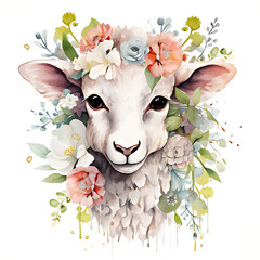 sheep with flowers watercolor illustration