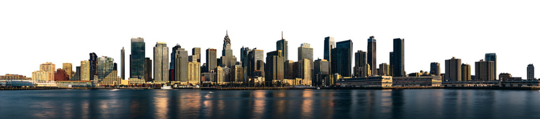 Fototapeta na wymiar vast modern city skyline sunset or sunrise - isolated transparent PNG - warm hues casting light on the buildings skyscrapers - water surface in the foreground reflecting the city and city lights