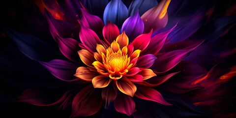 flower bloom with a gradient of vibrant purple, red, yellow, and orange tones against a dark