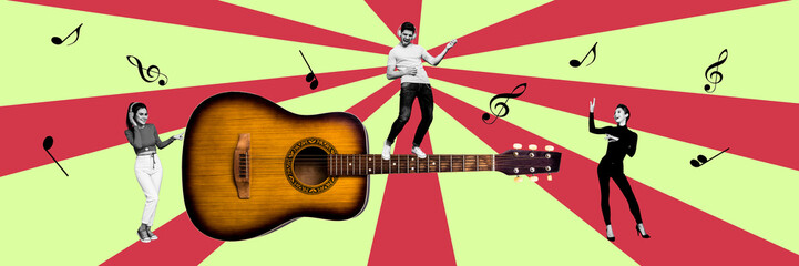 Collage creative large photo picture young guitar player guy perform song dancing girls party event...