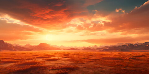 vast plains during sunset, with the sky ablaze in warm colors and the land bathed in soft light. - obrazy, fototapety, plakaty