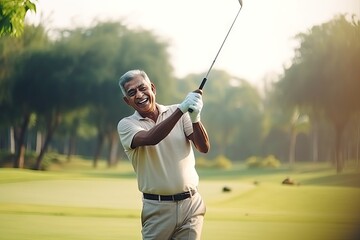 Active Senior Golfer: Indian Man Swinging a Golf Club and Hitting the Ball on a Sunny Day at a Country Club, Enjoying Outdoor Golfing on a Summer Vacation generative ai