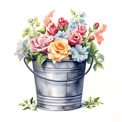 tin bucket with flowers watercolor illustration - obrazy, fototapety, plakaty