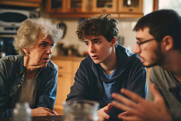 Teenage boys argue or conflict with their older mother and grandmother. Conflict of generations, selective focus - obrazy, fototapety, plakaty
