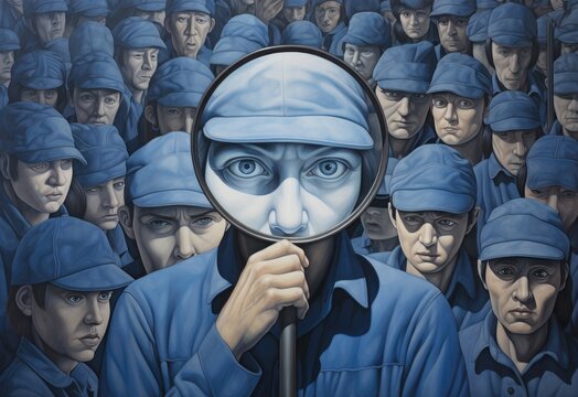 Abstract Exploration: Magnifying Glass Revealing Reductionist Forms in Gray and Blue generative ai - Powered by Adobe