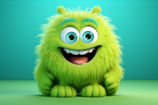 Cute green furry monster 3D cartoon character