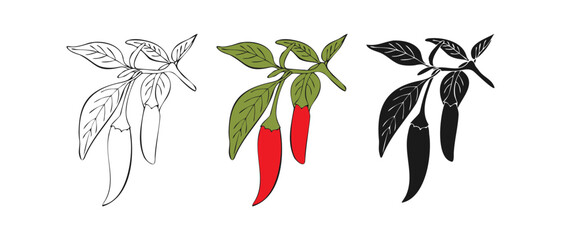 Chili pepper icon logo symbols. Set of red spicy chili peppers or contour or silhouette hand drawn. Spicy and hot. Vector illustration