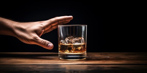 Hand refusing a glass of whiskey on a wooden surface.