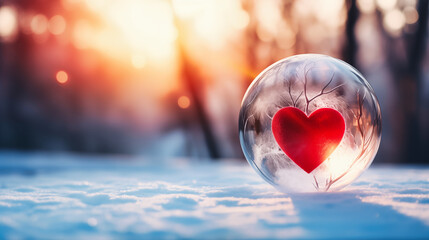 Heart in crystal ball on snowy forest background. Valentines day concept