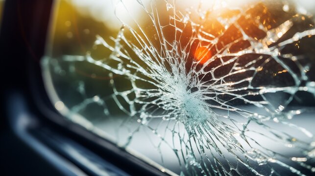 Damaged car windshield in auto service station garage. Concept of car accident or life insurance. A web of radial splits, cracks on windshield. Broken, dent, trowel on glass, replacement glass