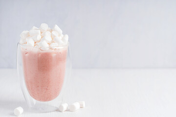Homemade sweet hot chocolate or traditional cocoa drink with milk decorated with marshmallow...