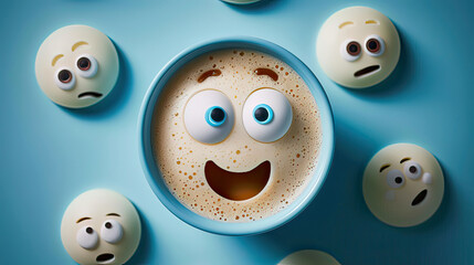 A fun and quirky illustration of a coffee cup with a cute face drawn on blue background. Perfect for coffee shops, cafes,Blue Monday concept, the most smile and happy day