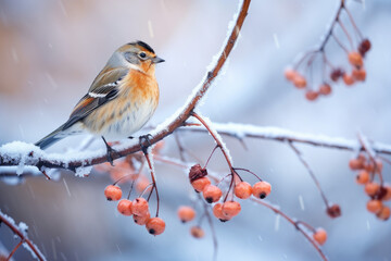 Rock bunting bird sitting on berry tree branch in winter forest